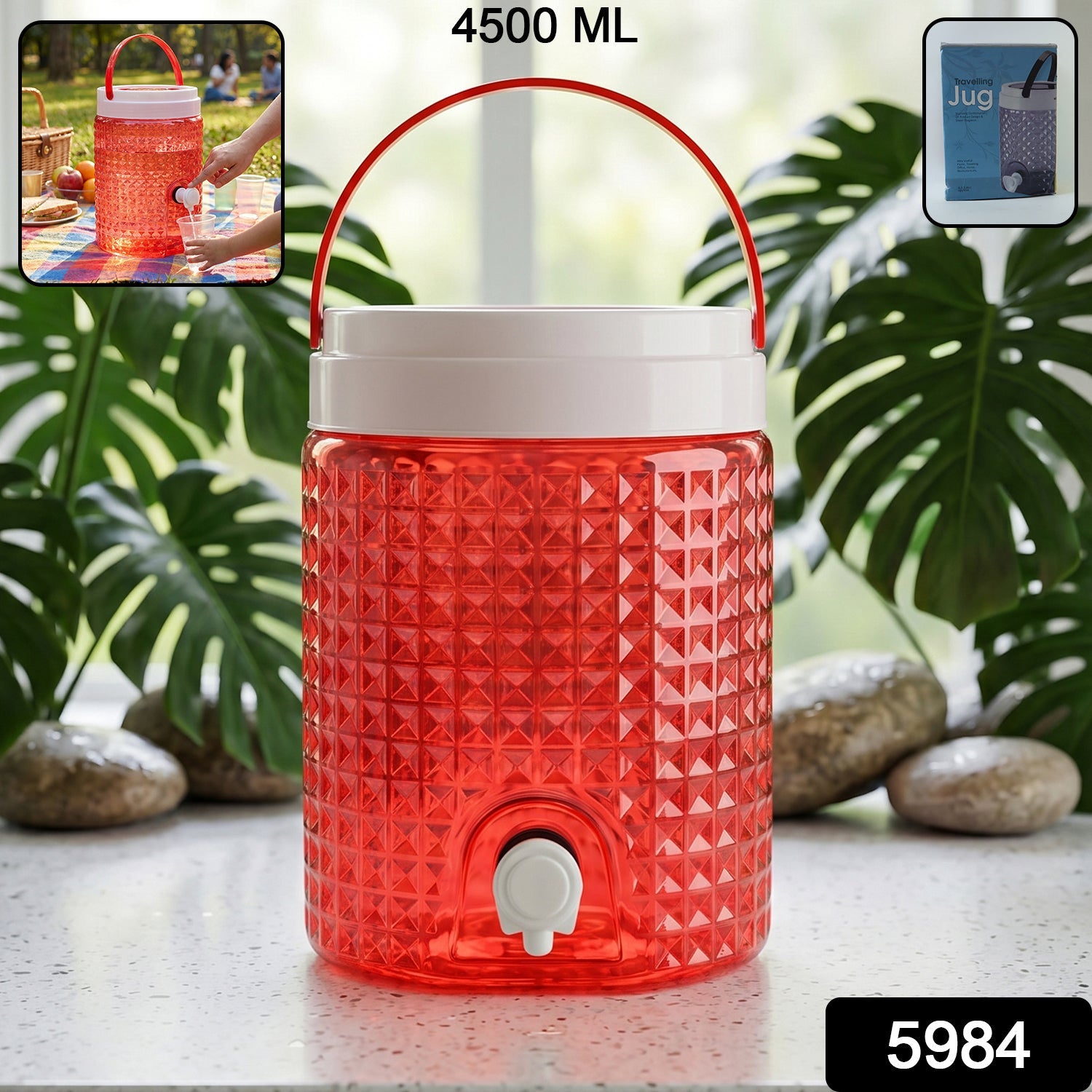 Close-up of the ergonomic handle on the leakproof plastic water jug.