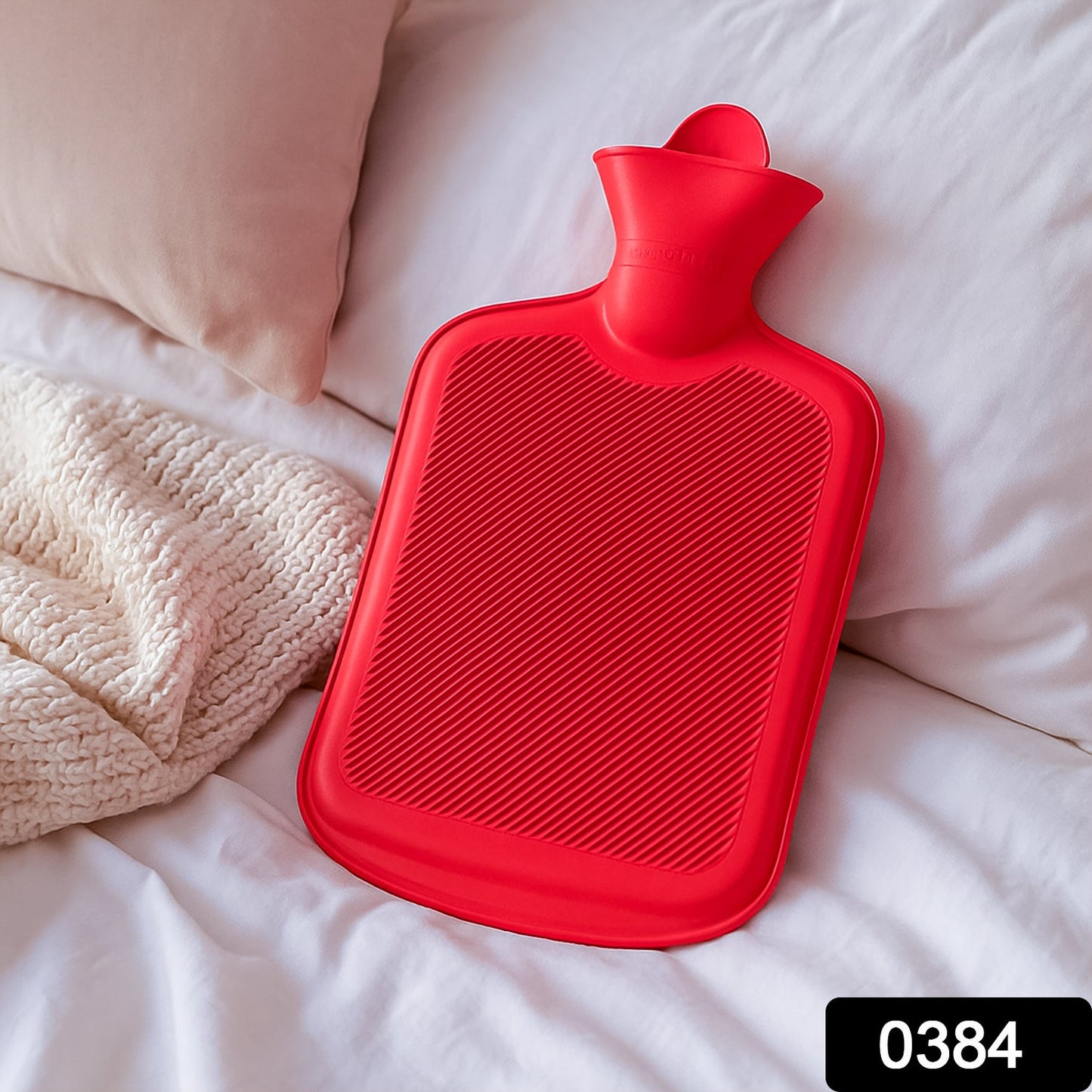 Durable rubber hot water bag with ribbed surface for better heat retention.