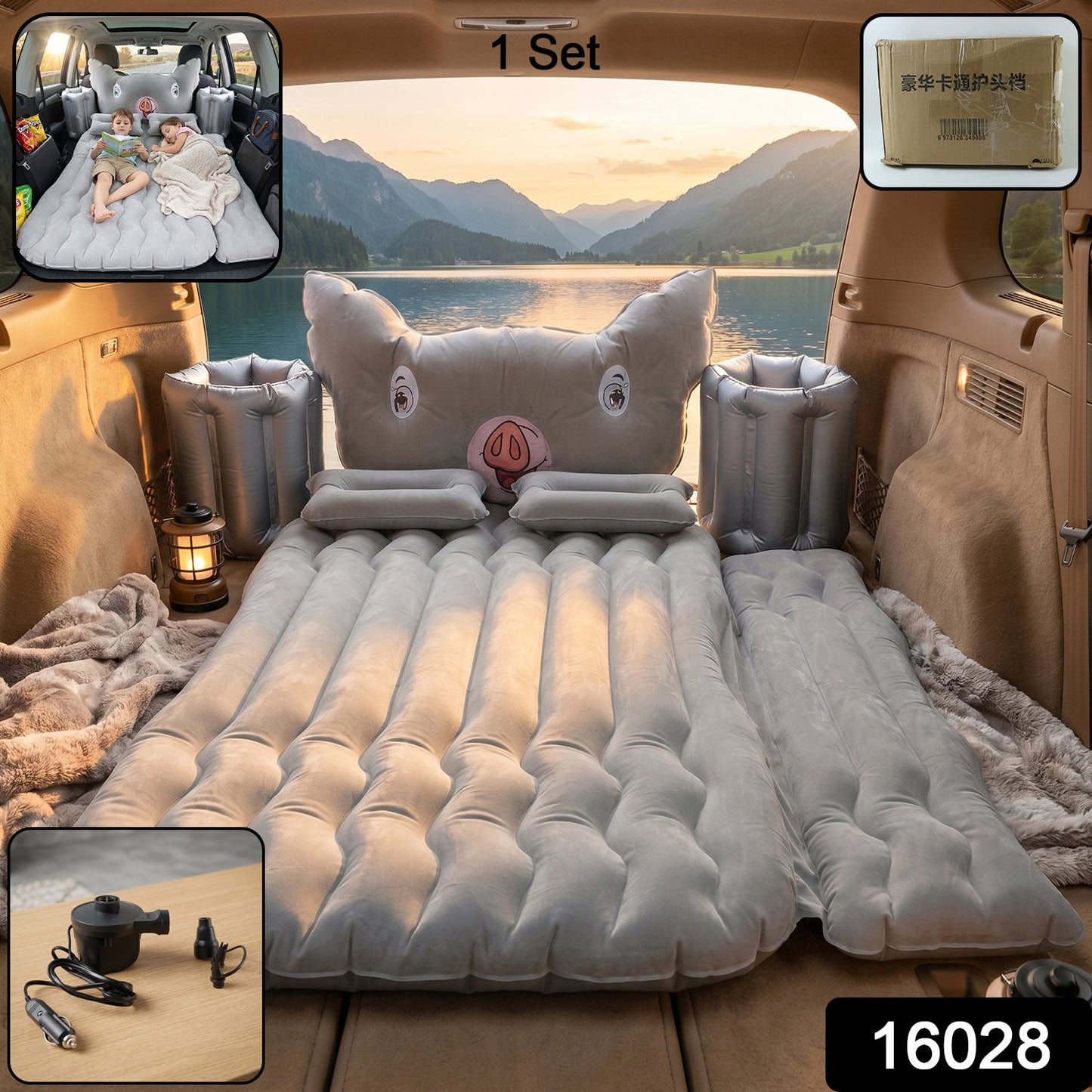 Complete inflatable car bed set including mattress, pillows, and electric pump