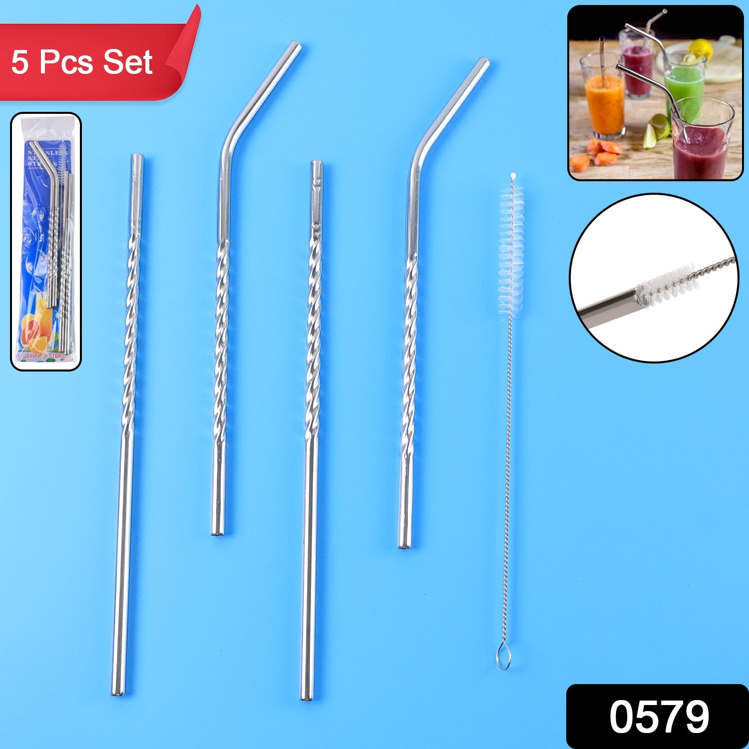 Packaging for the SparkleTidy set of 4 reusable stainless steel straws with a cleaning brush.
