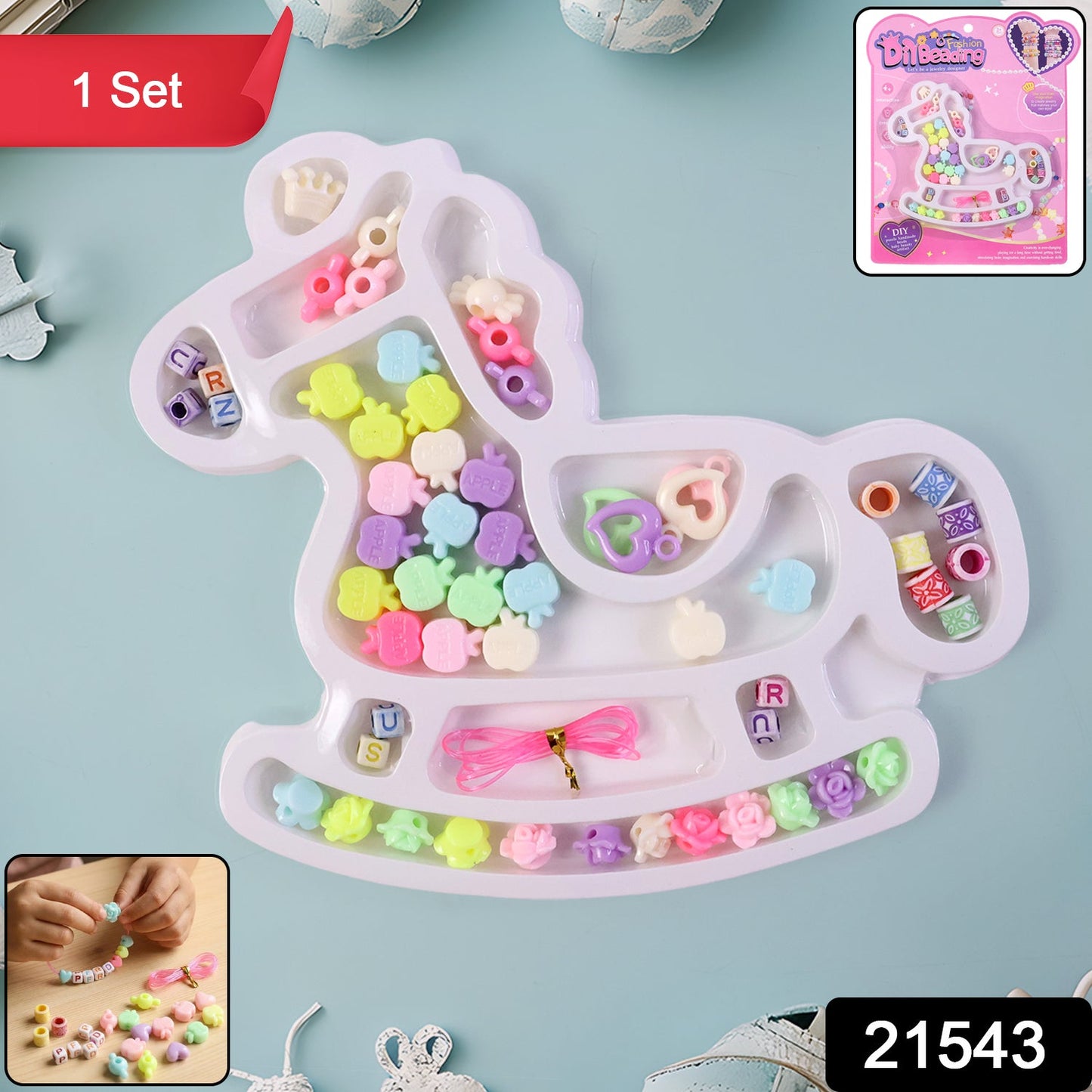 Close-up of craft set beads including alphabet and cute shapes for kids jewellery making