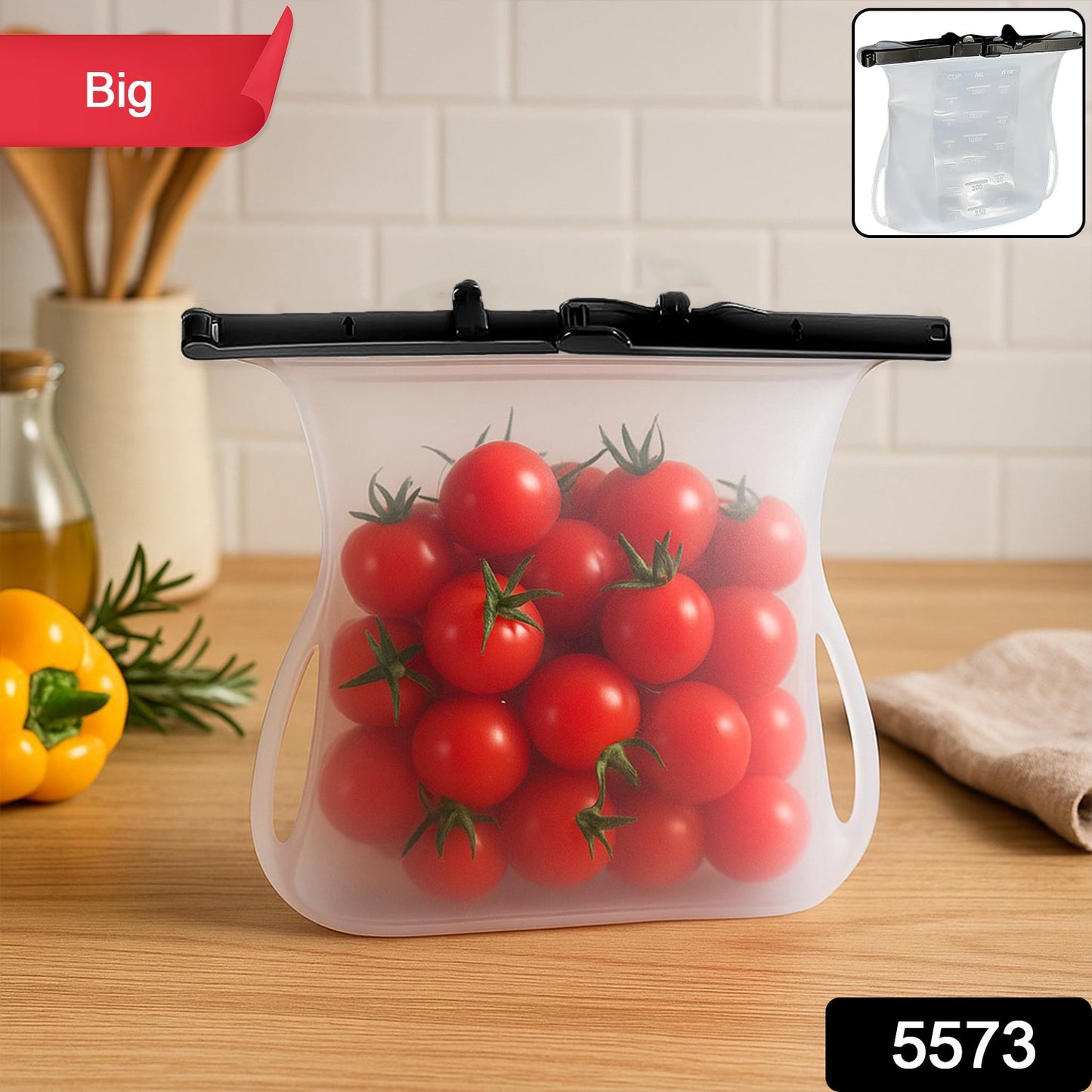 Close-up of a Reusable Silicone Food Storage Bag filled with fresh vegetables, highlighting its transparent material.