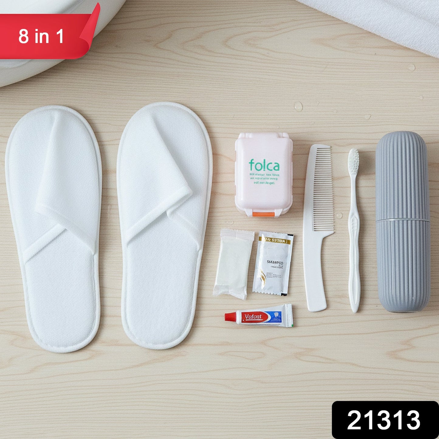 Close-up of essential items inside the travel grooming kit for hygiene and personal care