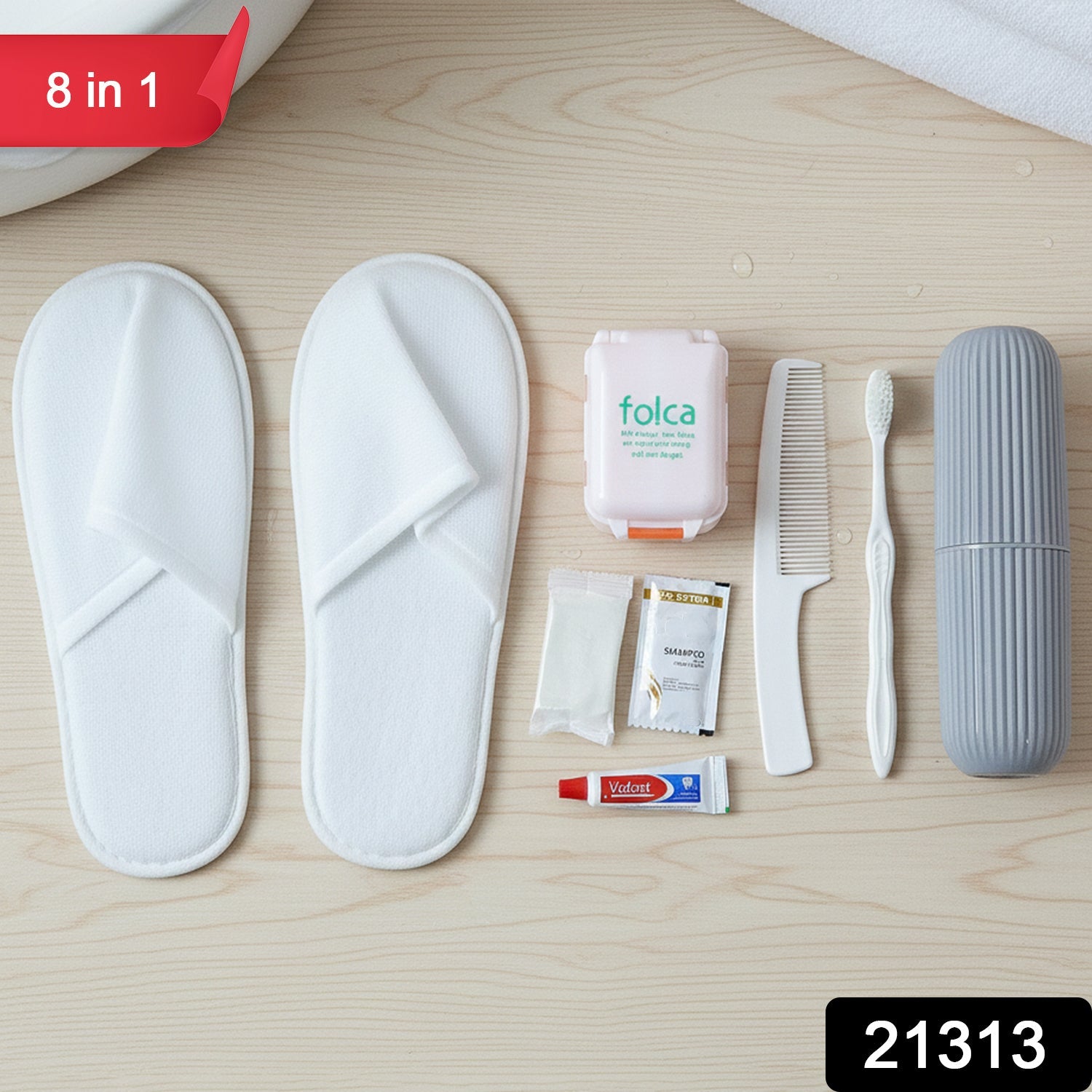Close-up of essential items inside the travel grooming kit for hygiene and personal care