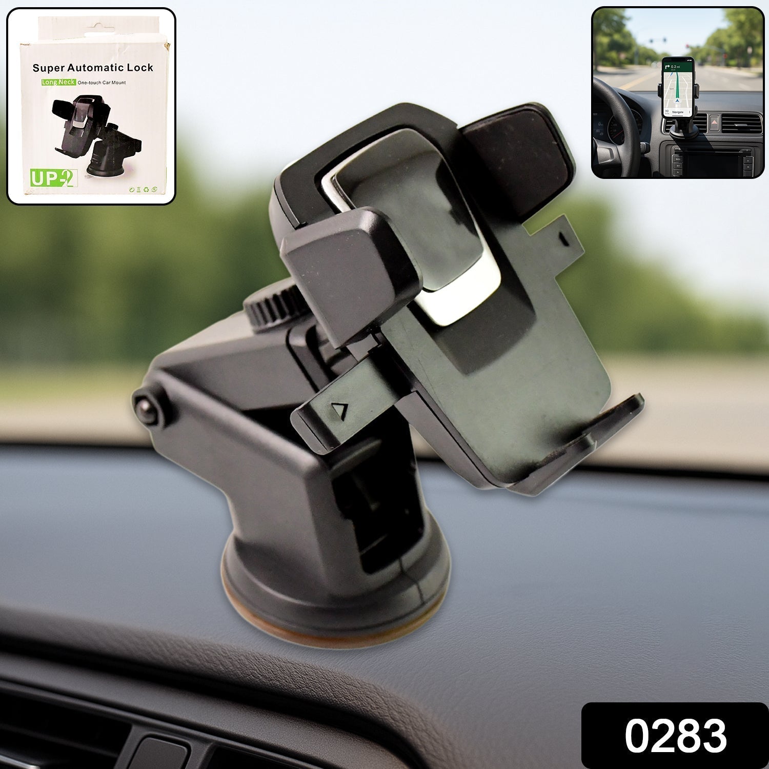 Side view of the adjustable car mount showing its strong suction cup base.