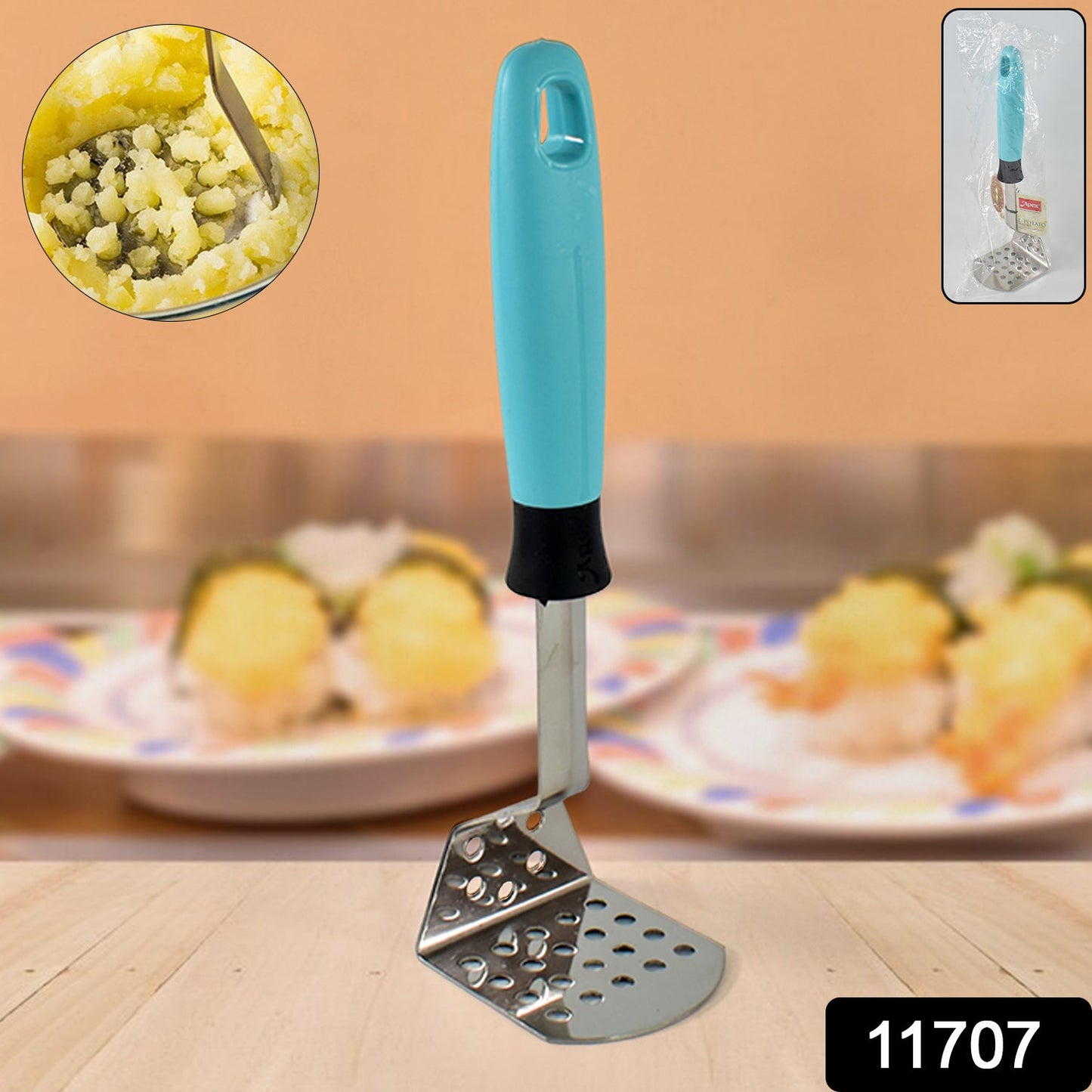 Close-up of ergonomic L-handle on Apex stainless steel potato masher
