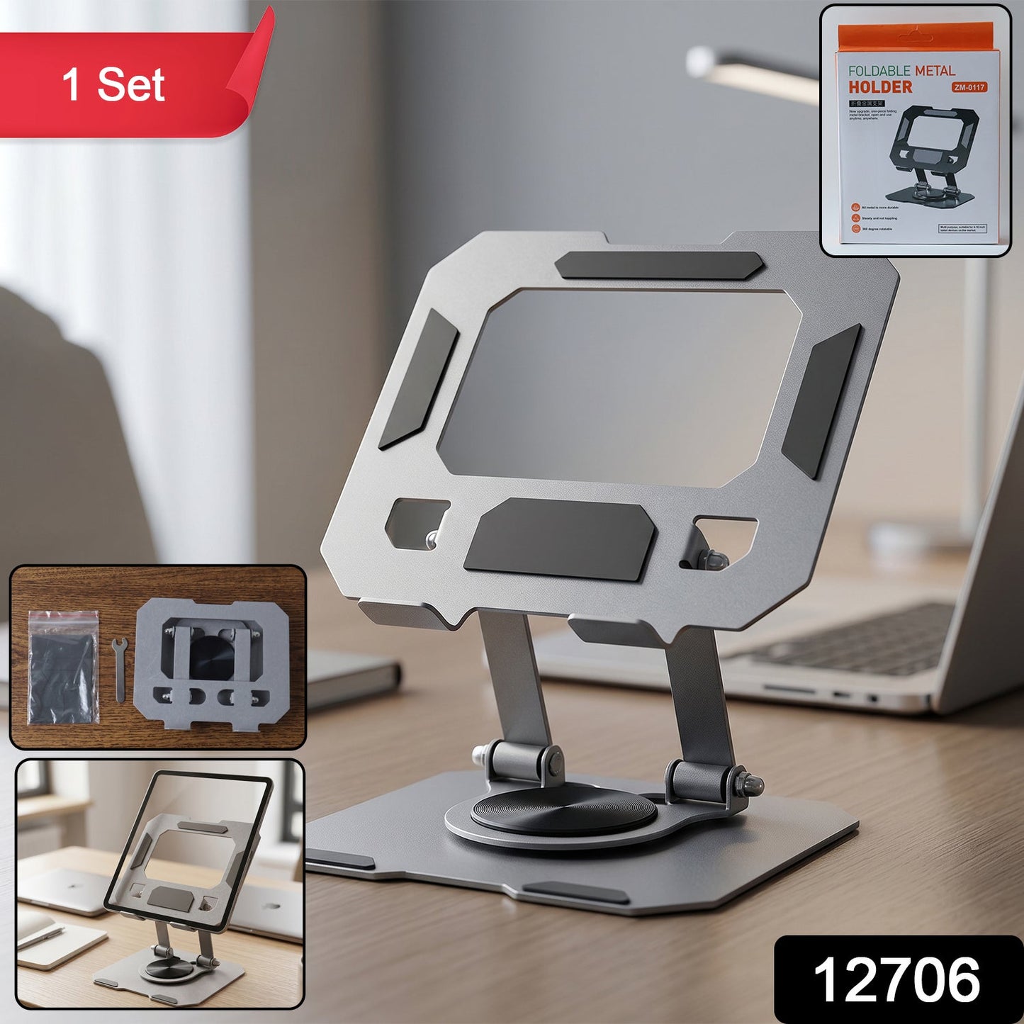 Adjustable metal stand supporting a tablet and phone