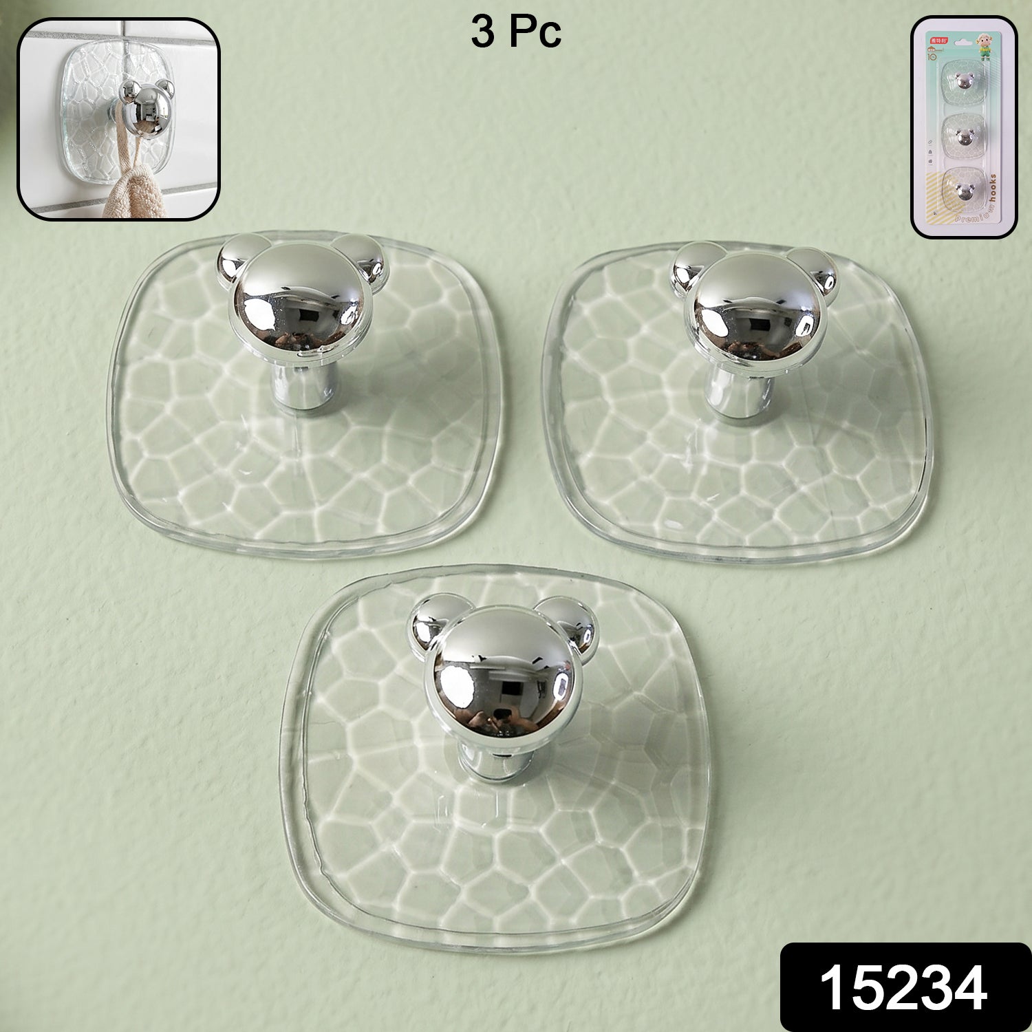 Packaging of 3-piece set of clear adhesive wall hooks from Indo Glow.