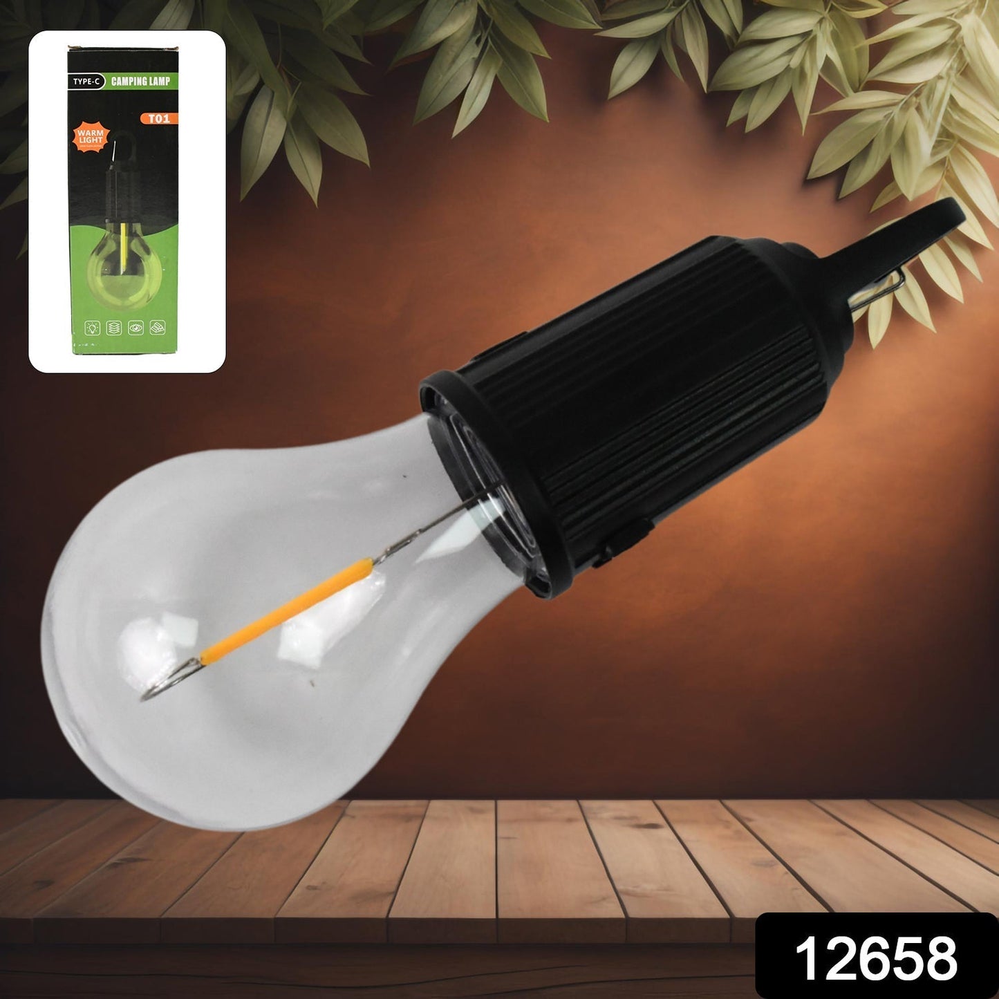 Portable LED camping lantern illuminating a tent at night.