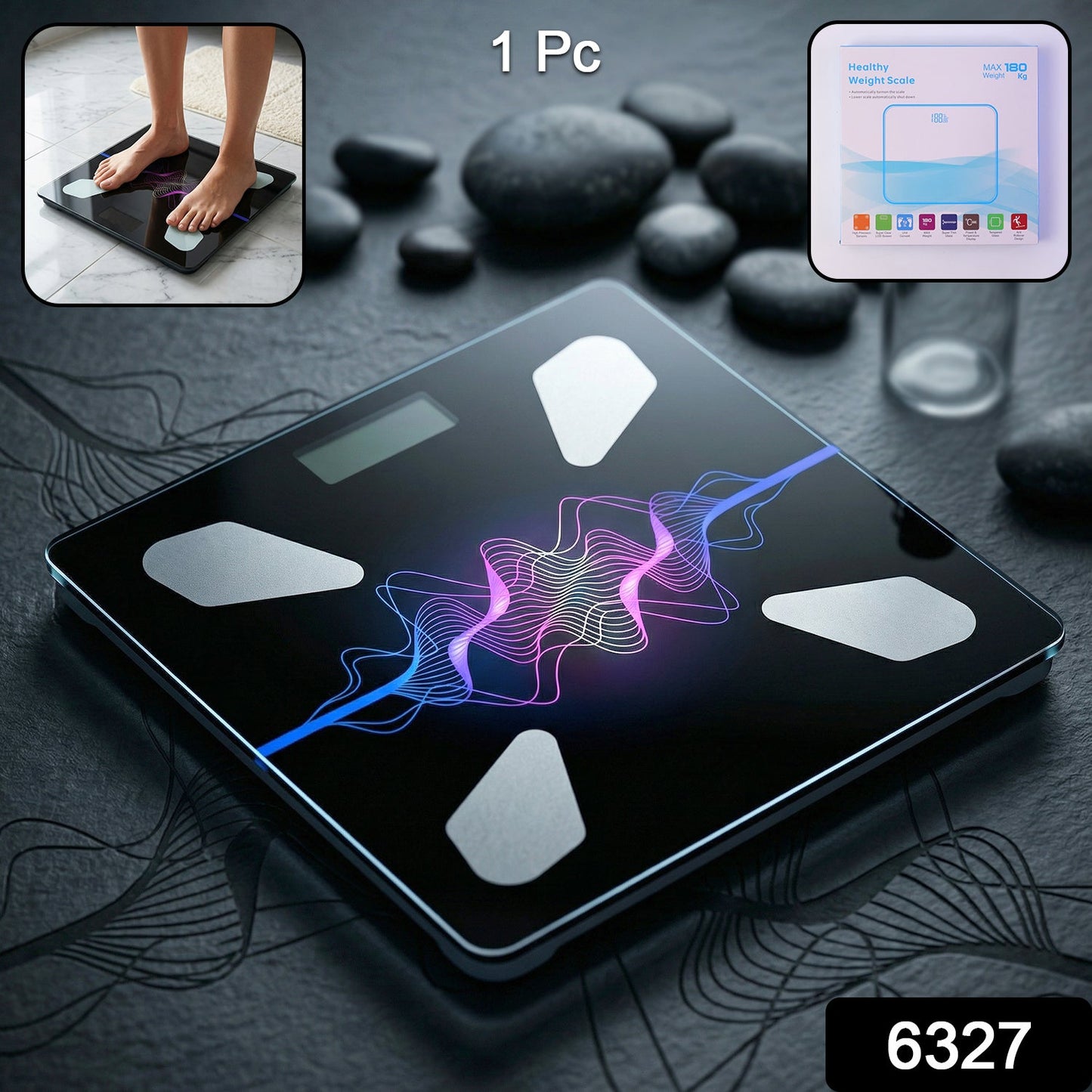 Top-down view of a sleek VelvaBloom digital body weight scale on a wooden floor.