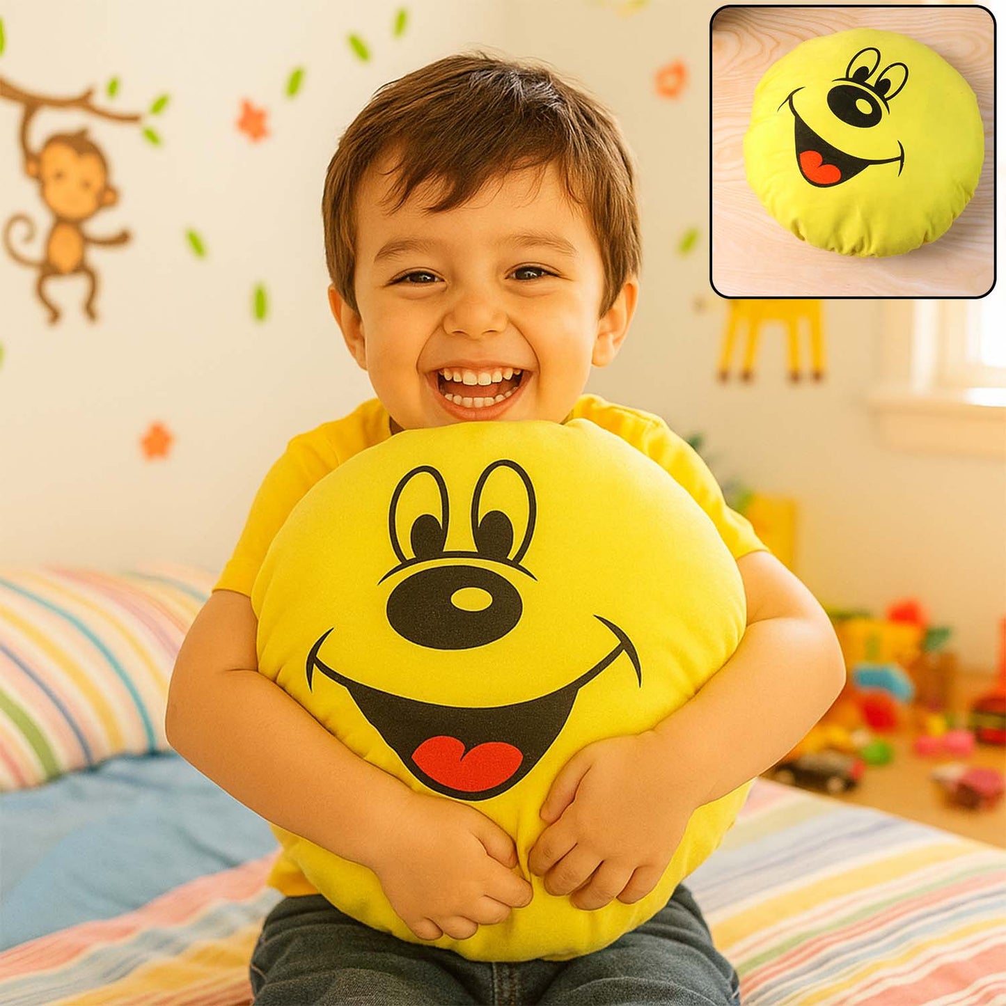 Soft plush smiley face pillow cushion that adds cheer to kids’ room decor