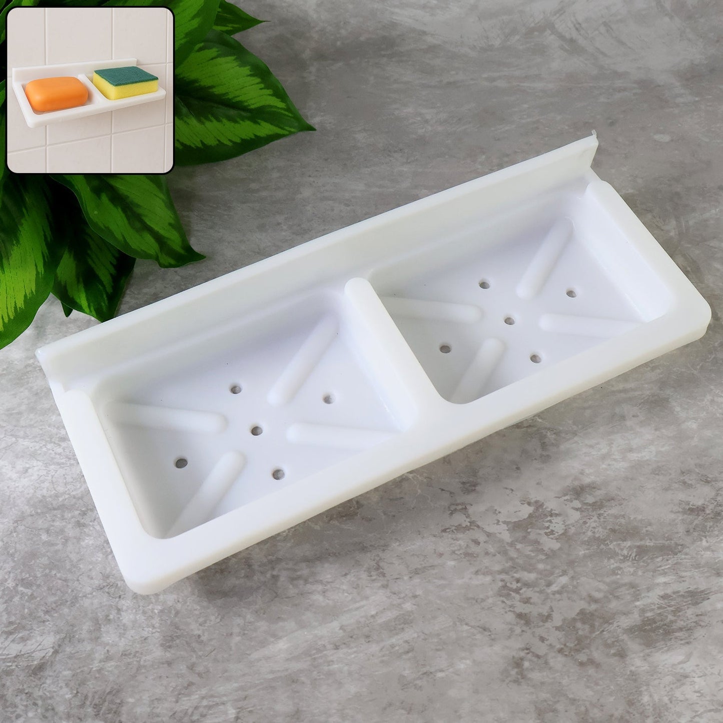 Double compartment wall mounted soap and sponge holder with drainage holes