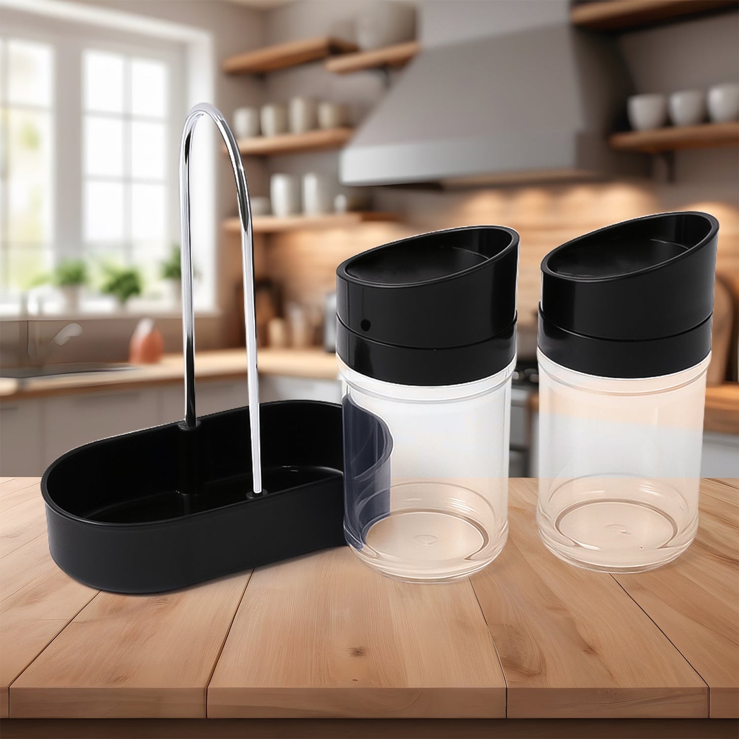 Clear plastic spice jars with black lids set for kitchen