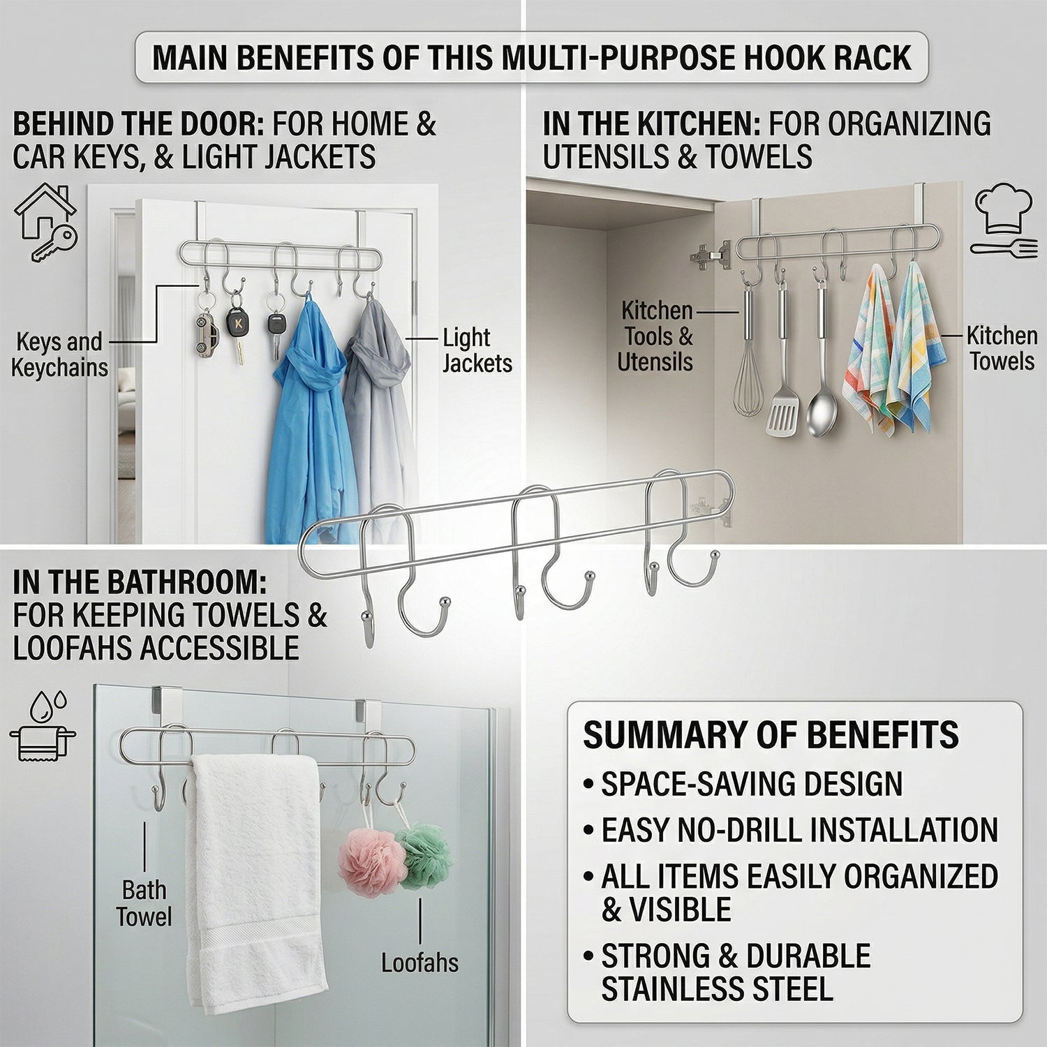 Wall-mounted hanging hook rack in silver finish