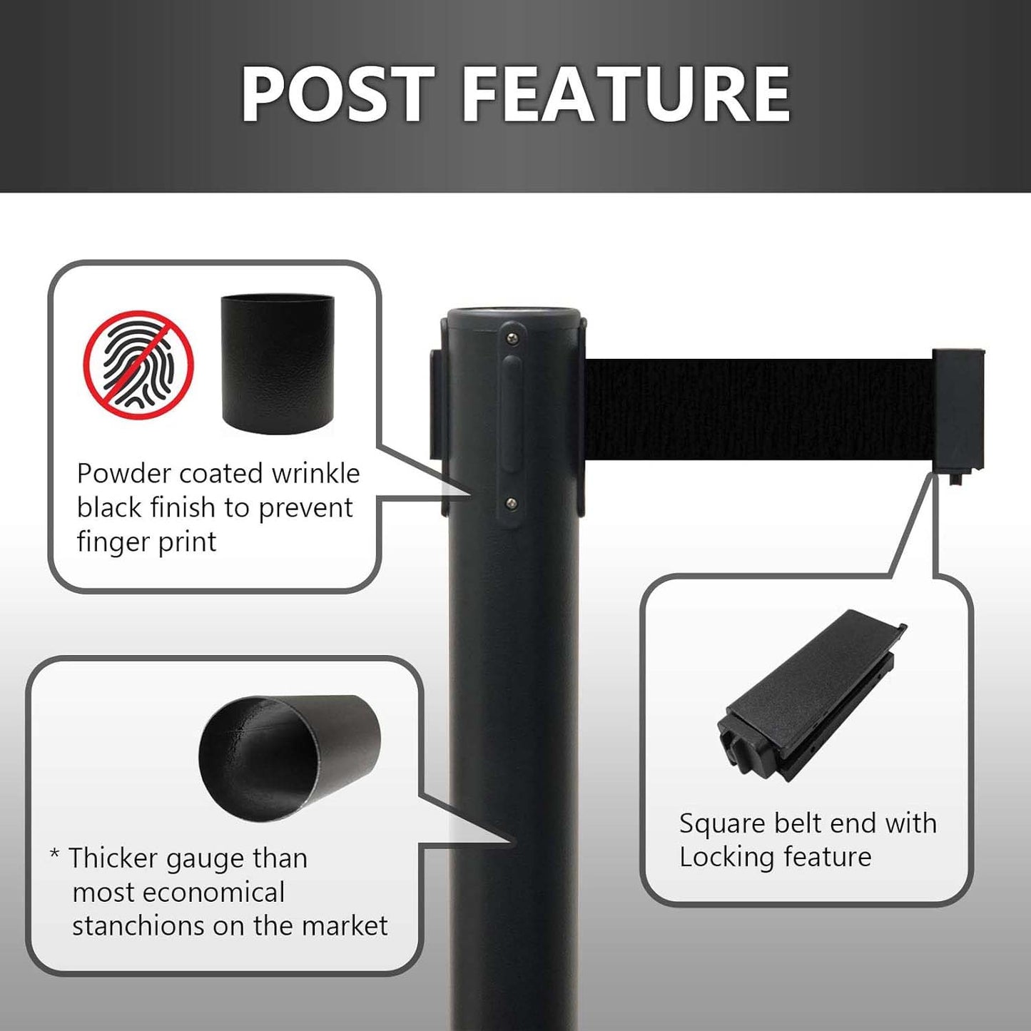 Close-up of retractable belt mechanism on crowd control pole