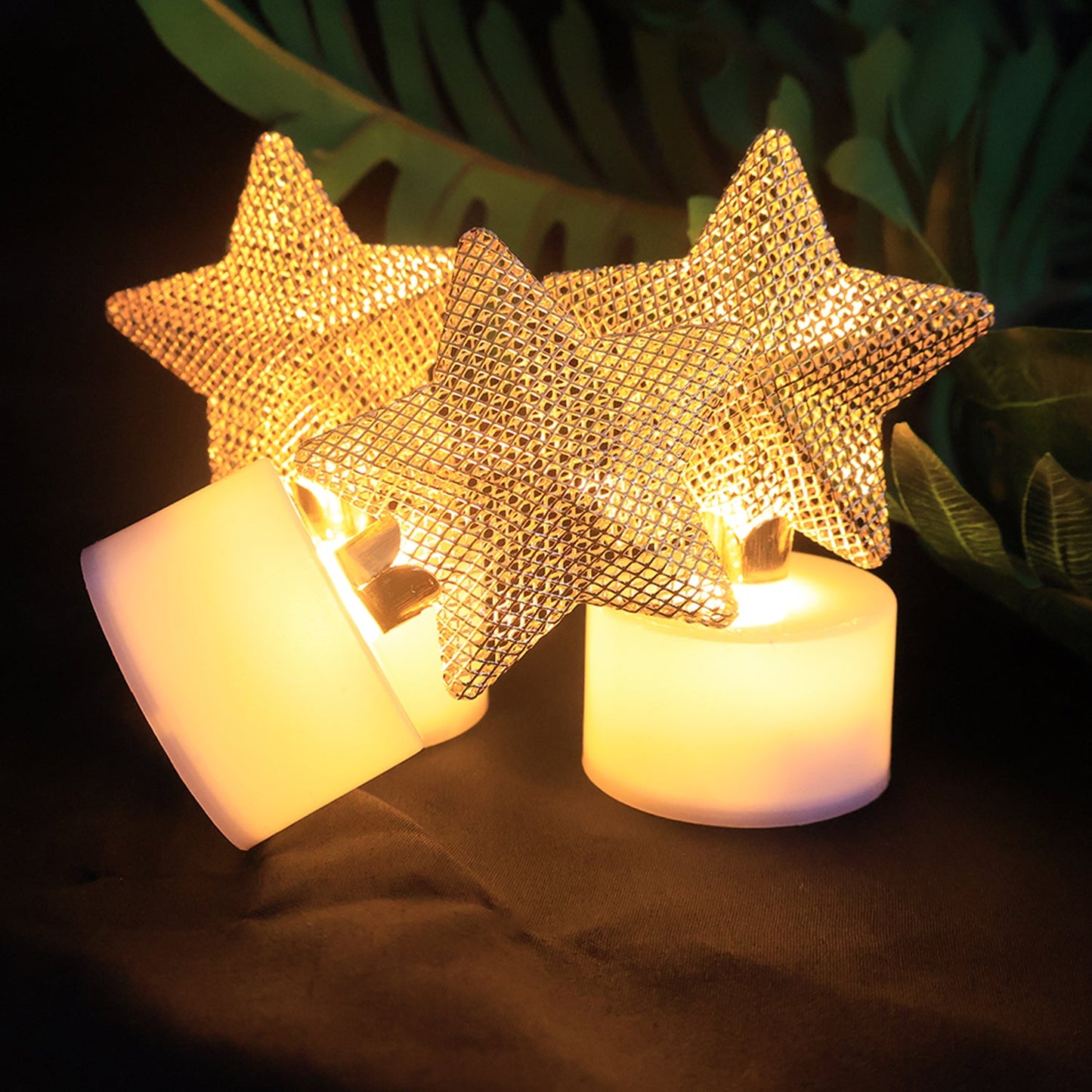 Plastic flameless LED star candle with golden mesh design