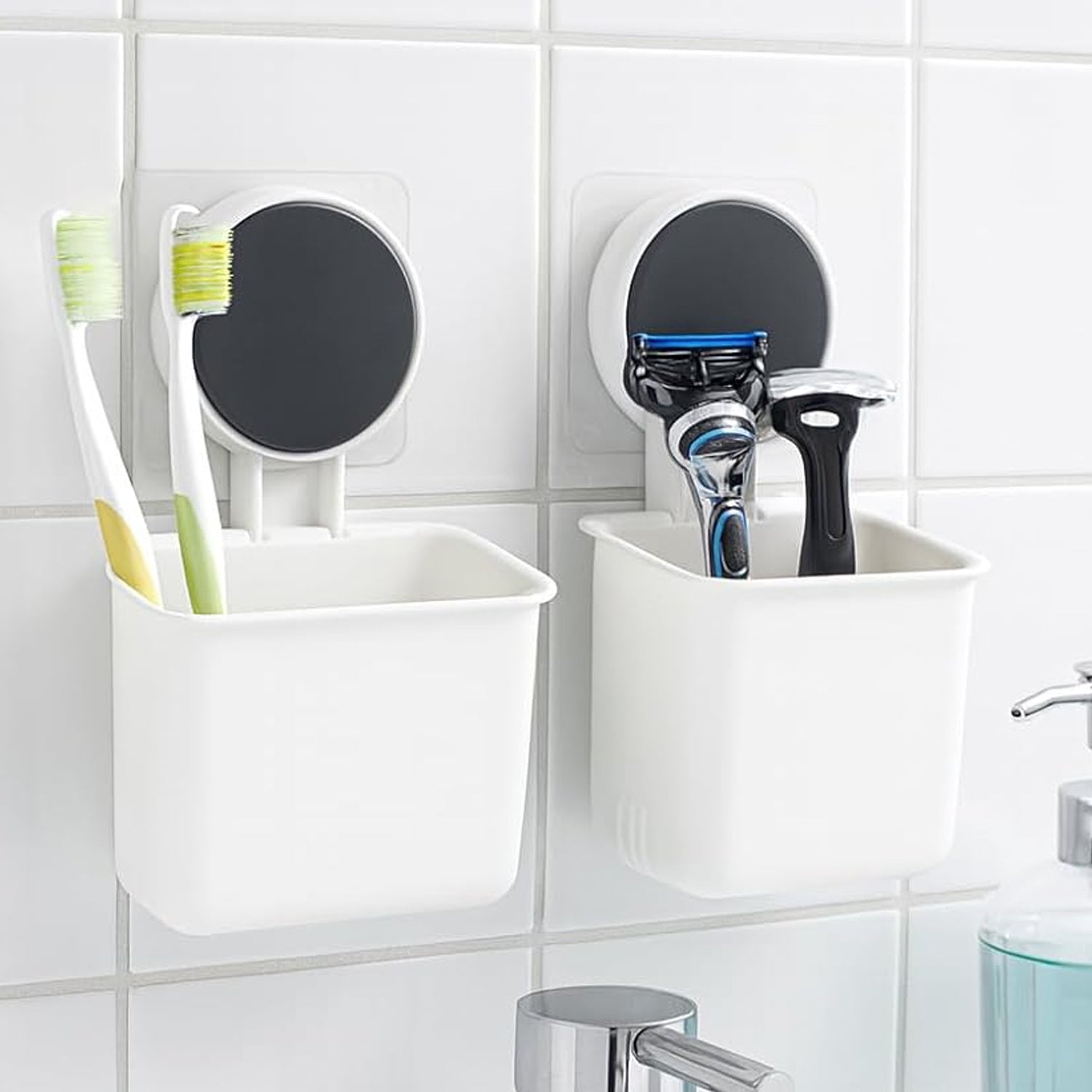 White plastic toothbrush holder storing small bathroom essentials