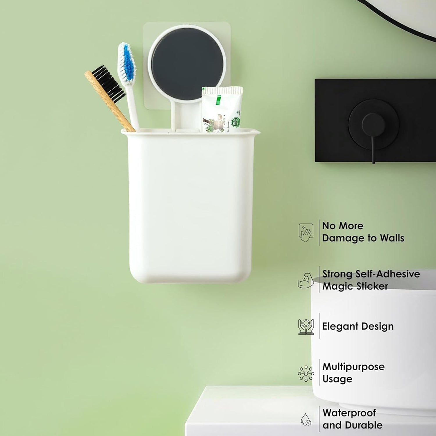 Open design of white plastic toothbrush storage holder promoting airflow