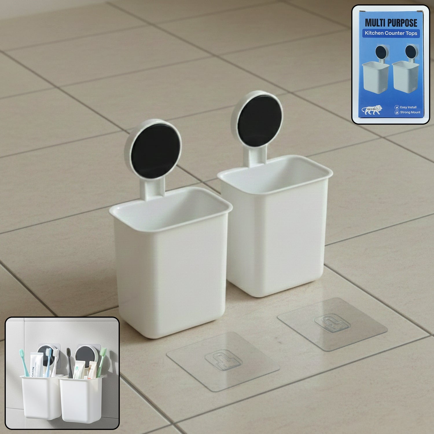 Two adhesive wall mounted toothbrush holders ready for easy installation