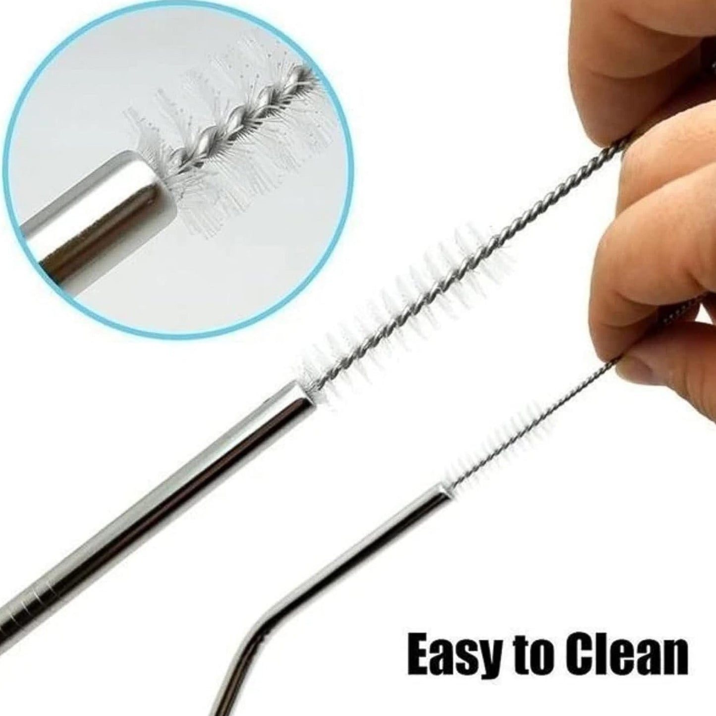 A collection of eco-friendly metal straws shown in various drinks like cocktails and smoothies.