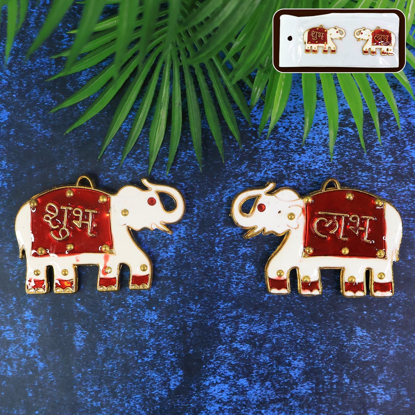 Set of Shubh Labh Elephant decorative wall hangings in red and gold colors