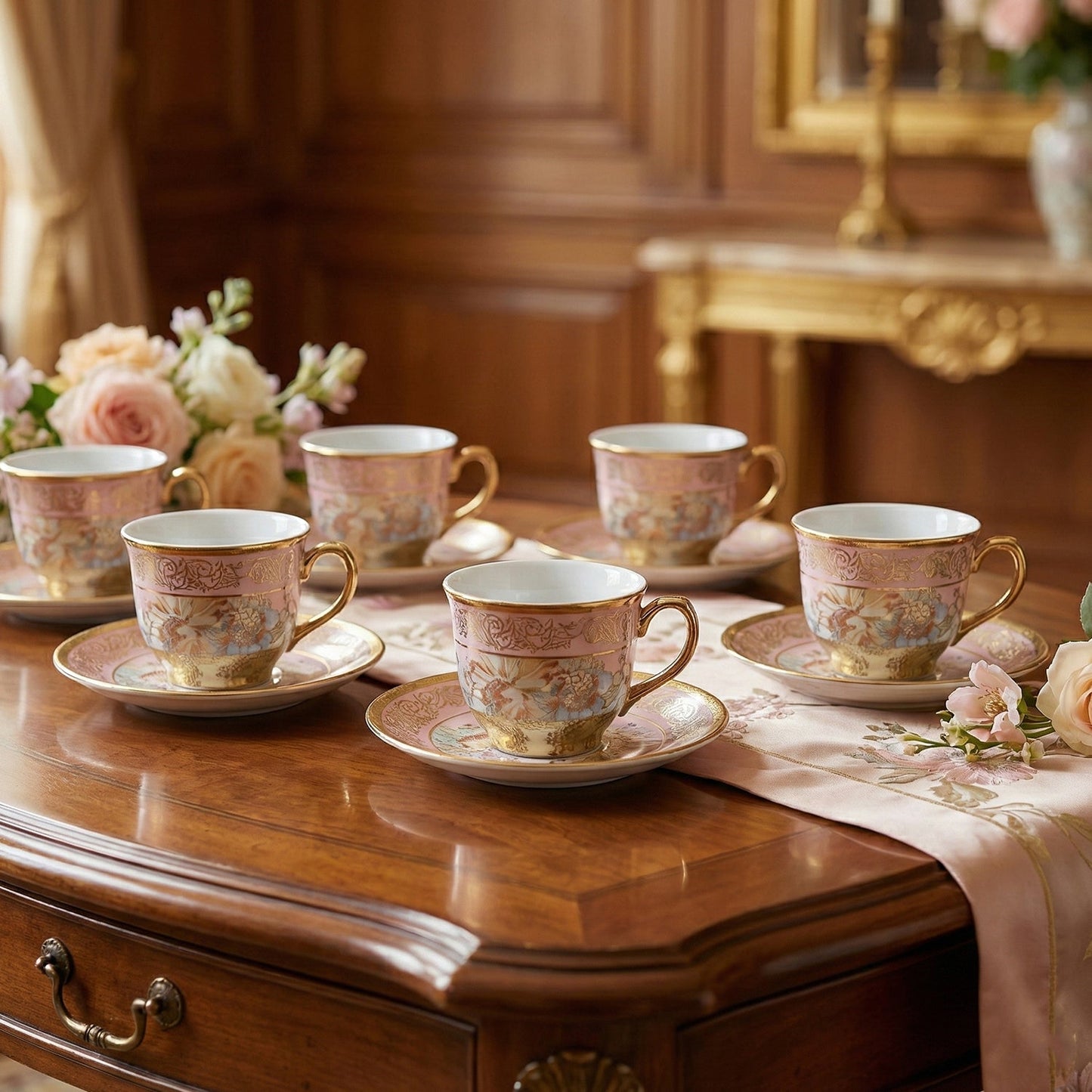 Elegant floral tea cup and saucer set with decorative gold rim