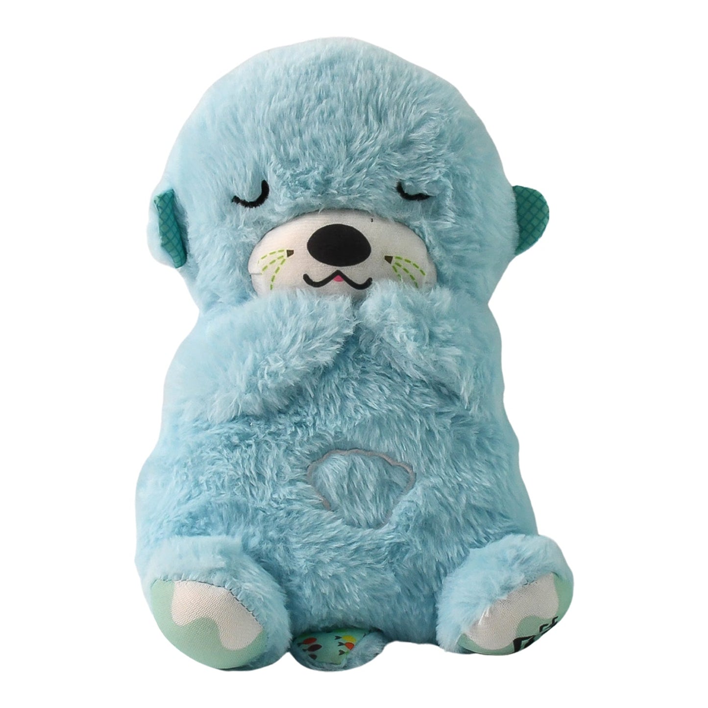 Side view of kid-friendly musical teddy bear plush toy
