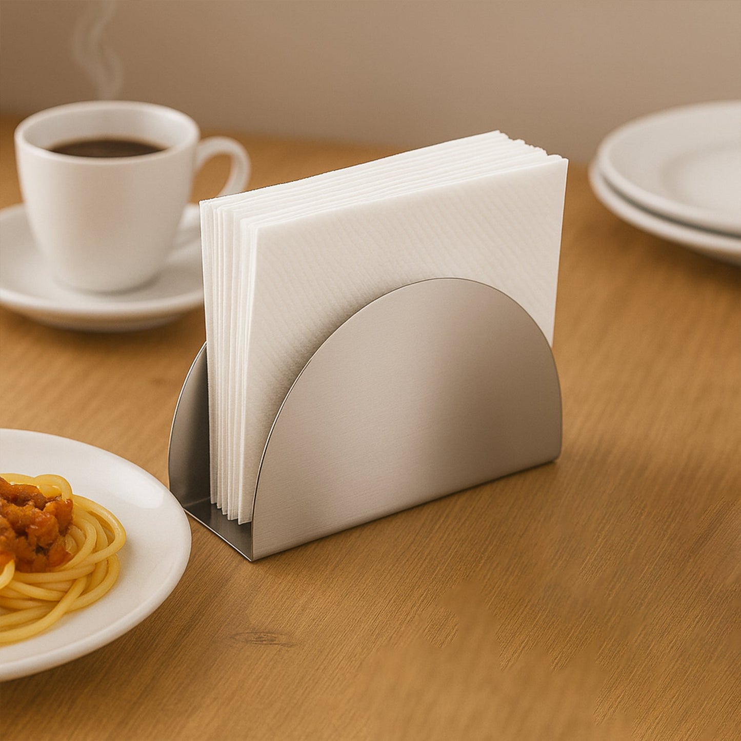 Front view of stainless steel half-moon napkin holder