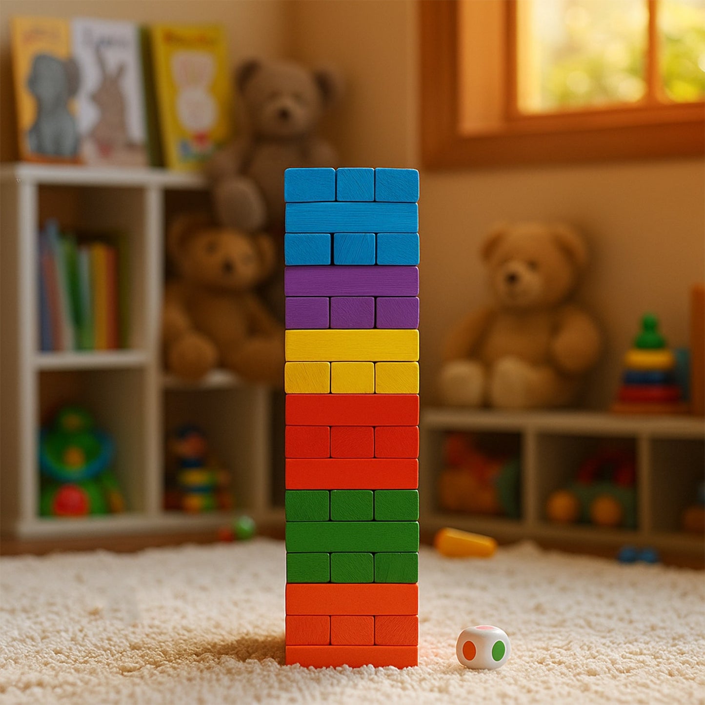 Players engaging in wooden stacking tower game