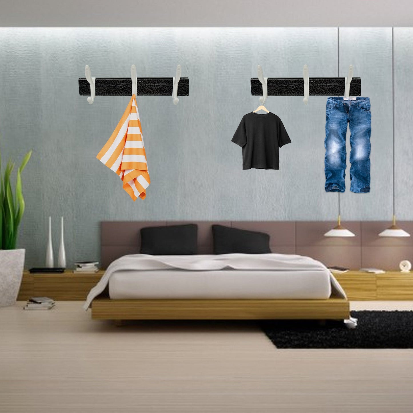 Usage example of the wall mounted coat rack in a home hallway holding various items
