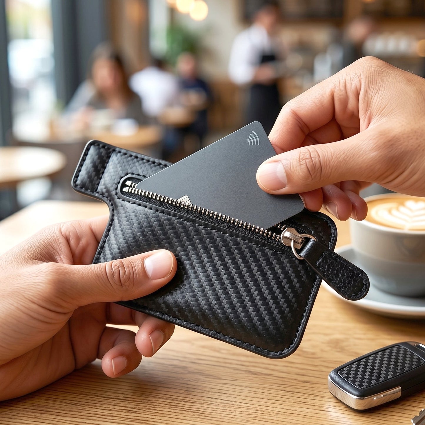 Close-up of the adhesive phone card holder securely attached to a smartphone.