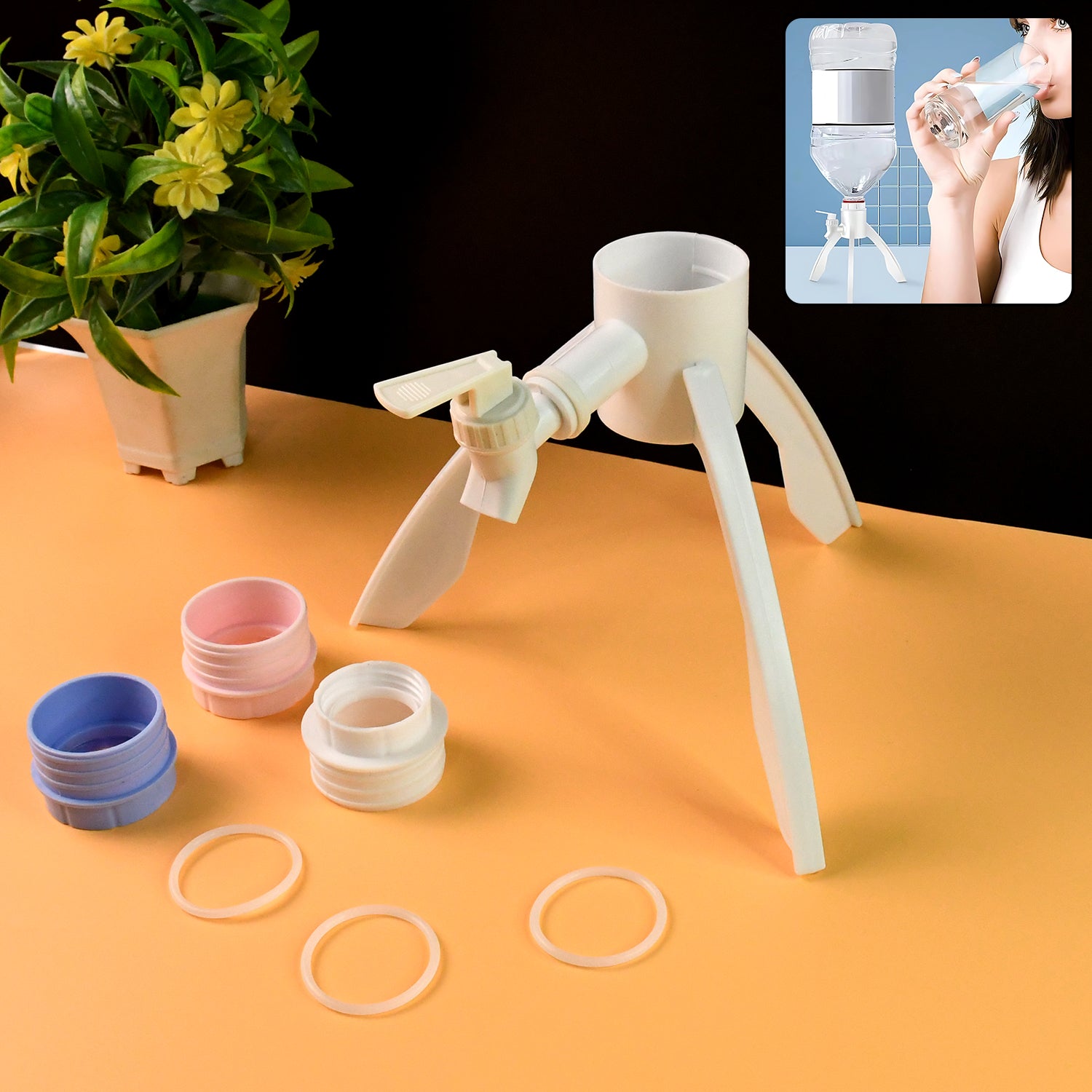 Universal plastic water dispenser stand with leakproof tap for bottles