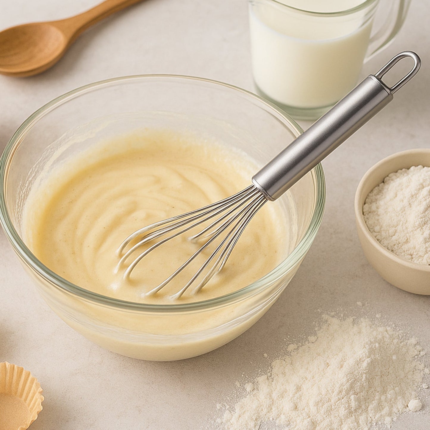 Polished stainless steel whisk for whipping and stirring ingredients