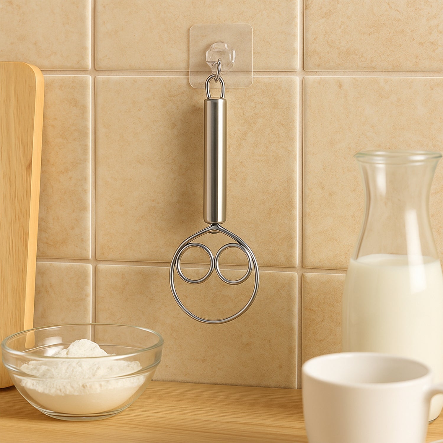 Two stainless steel spiral hand whisks hanging on adhesive wall hooks