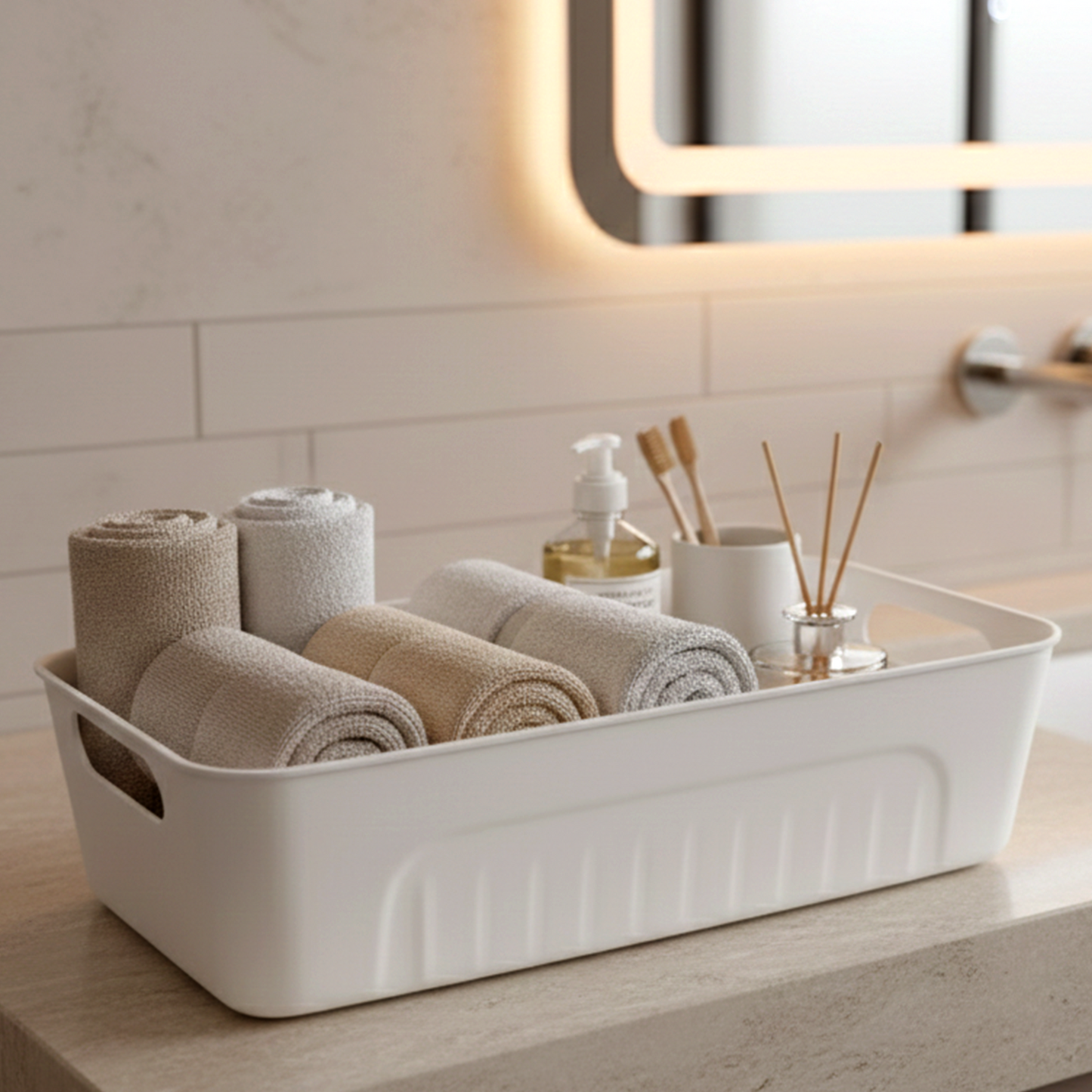 Side view of stackable white plastic storage baskets