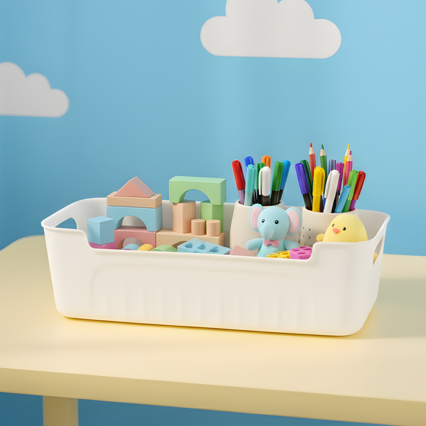 Stacked white plastic storage baskets in clean arrangement