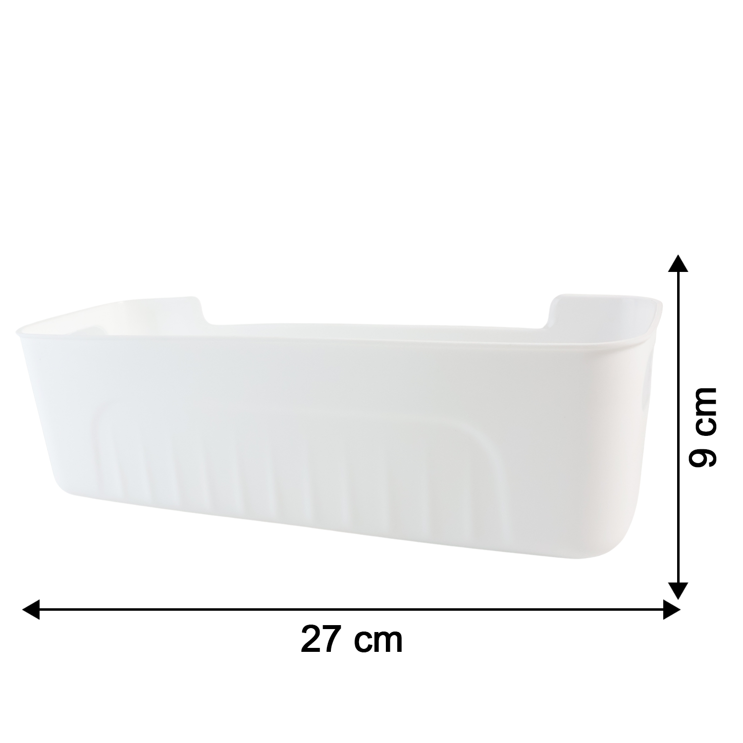 Size details of white plastic storage baskets showing measurements