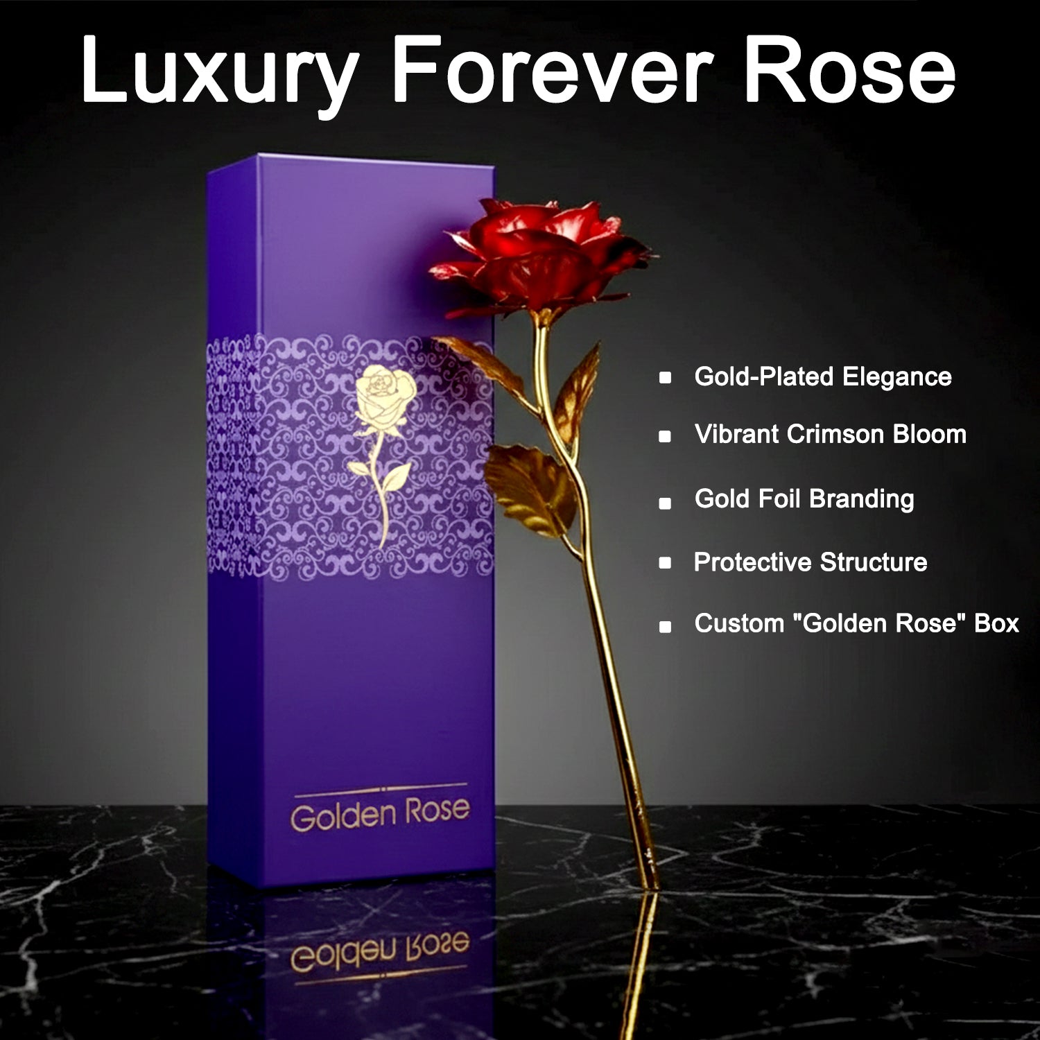 Close-up of 24K gold red rose showing detailed gold leaf craftsmanship