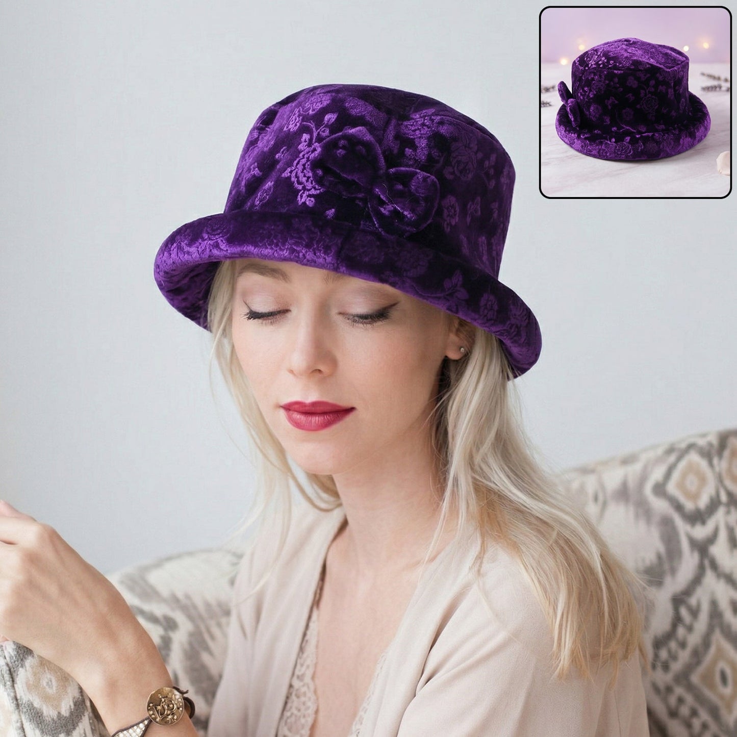 Front view of designer velvet winter bucket hat